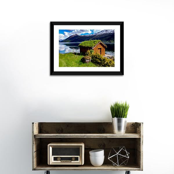 Hut Near Lake Norway Canvas Wall Art-1 Piece-Framed Print-20" x 16"-Tiaracle