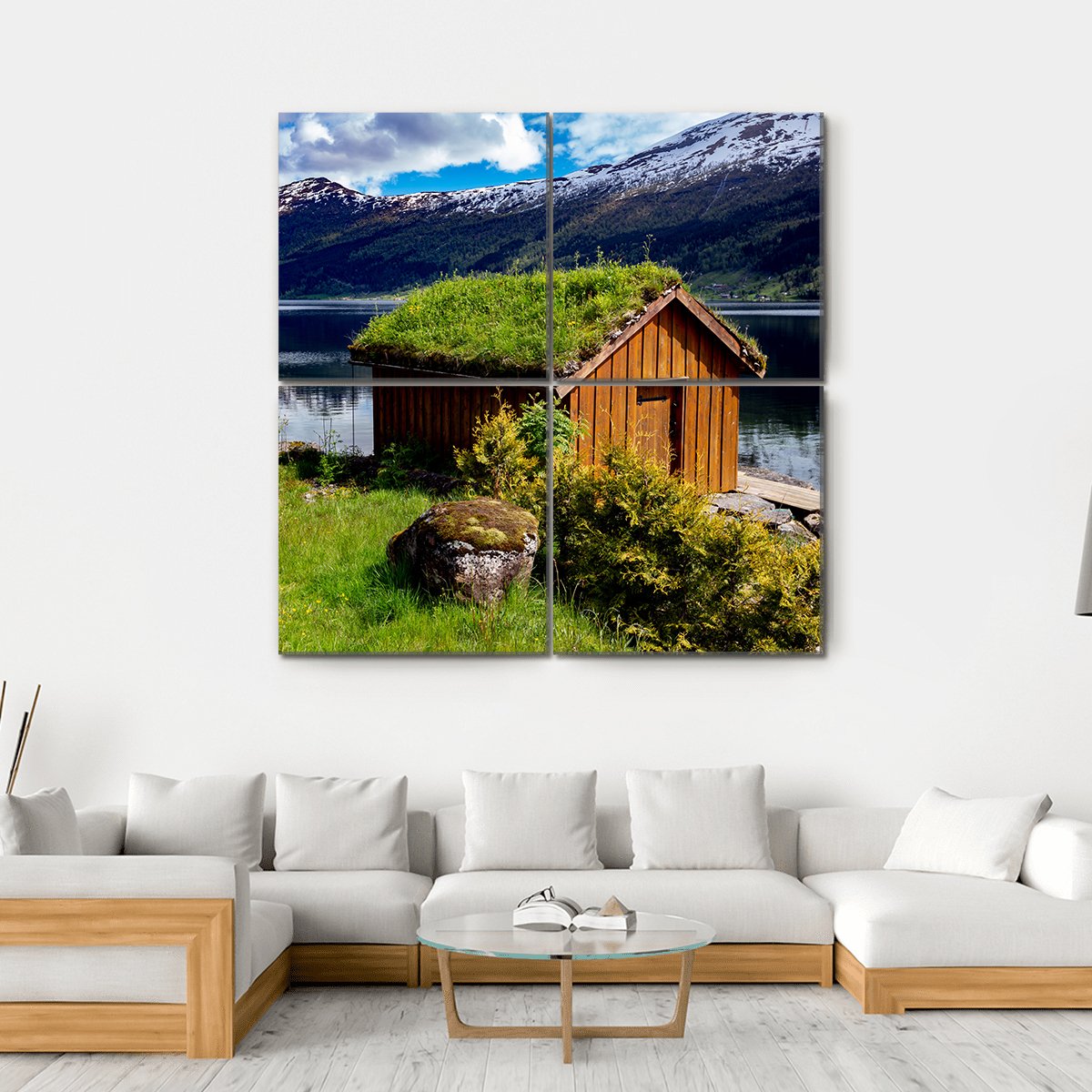 Norwegian Lakeside Hut with Sod Roof Canvas Wall Art in brown, green and blue, hung on a wall