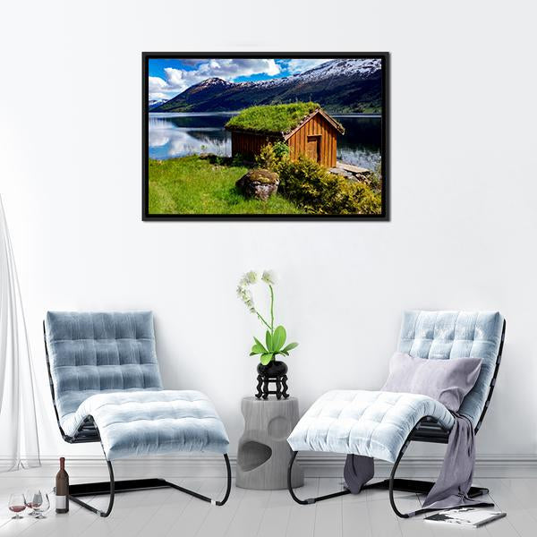 Hut Near Lake Norway Canvas Wall Art-1 Piece-Floating Frame-24" x 16"-Tiaracle