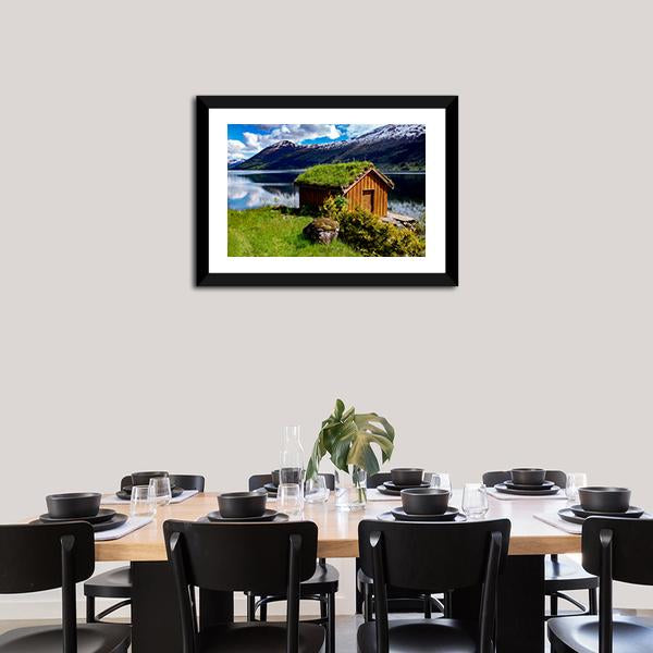 Hut Near Lake Norway Canvas Wall Art-1 Piece-Framed Print-20" x 16"-Tiaracle