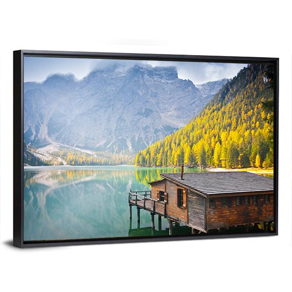 Hut On Braies Lake Canvas Wall Art-3 Horizontal-Gallery Wrap-25" x 16"-Tiaracle
