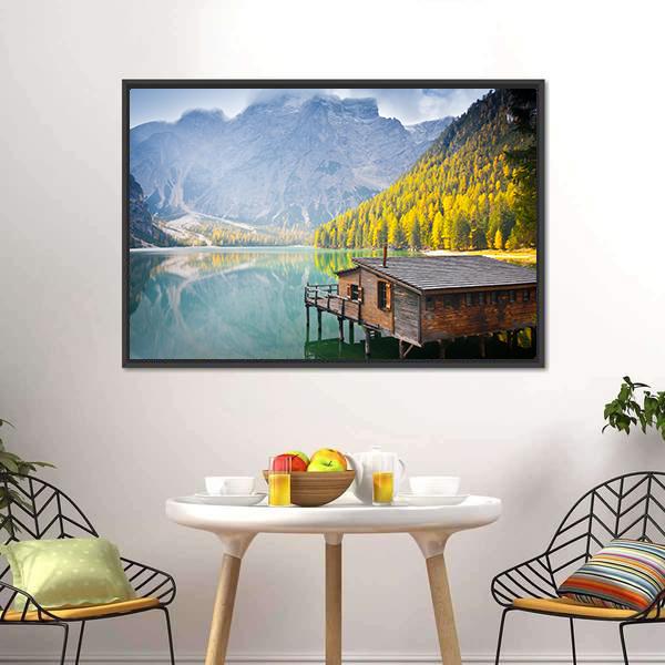 Hut On Braies Lake Canvas Wall Art-3 Horizontal-Gallery Wrap-25" x 16"-Tiaracle