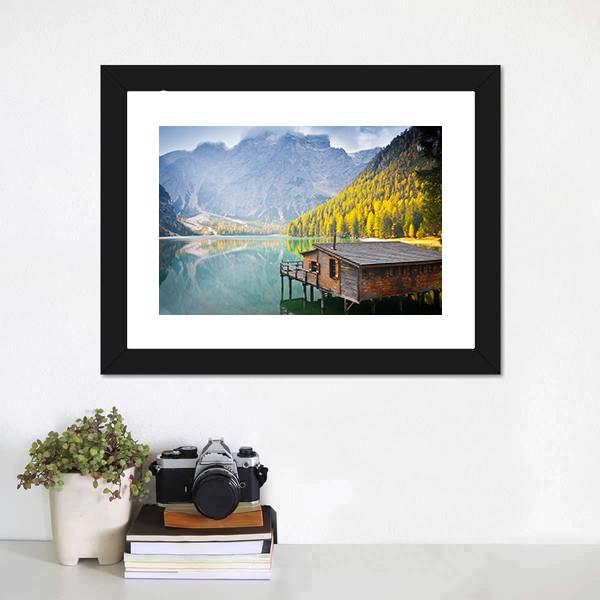 Hut On Braies Lake Canvas Wall Art-1 Piece-Framed Print-20" x 16"-Tiaracle