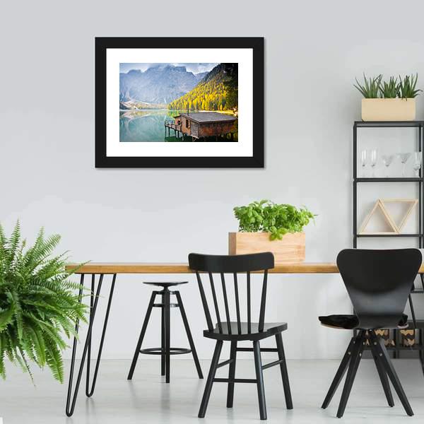 Hut On Braies Lake Canvas Wall Art-3 Horizontal-Gallery Wrap-25" x 16"-Tiaracle