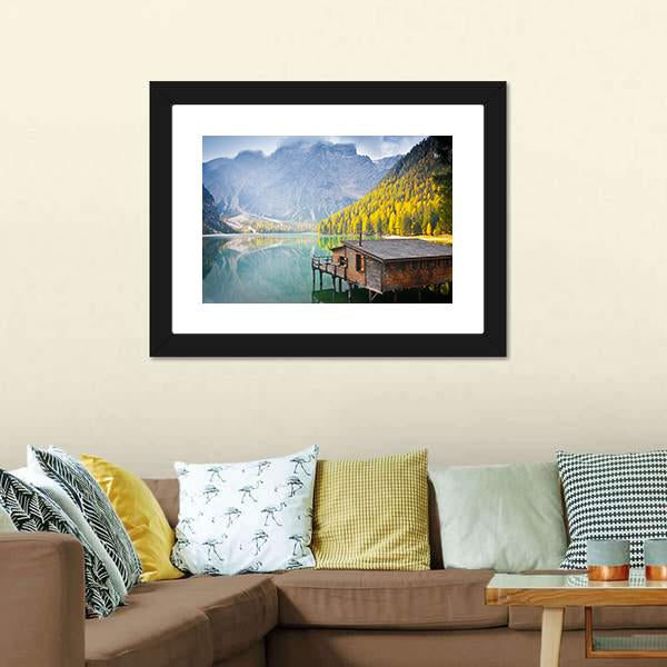 Hut On Braies Lake Canvas Wall Art-3 Horizontal-Gallery Wrap-25" x 16"-Tiaracle