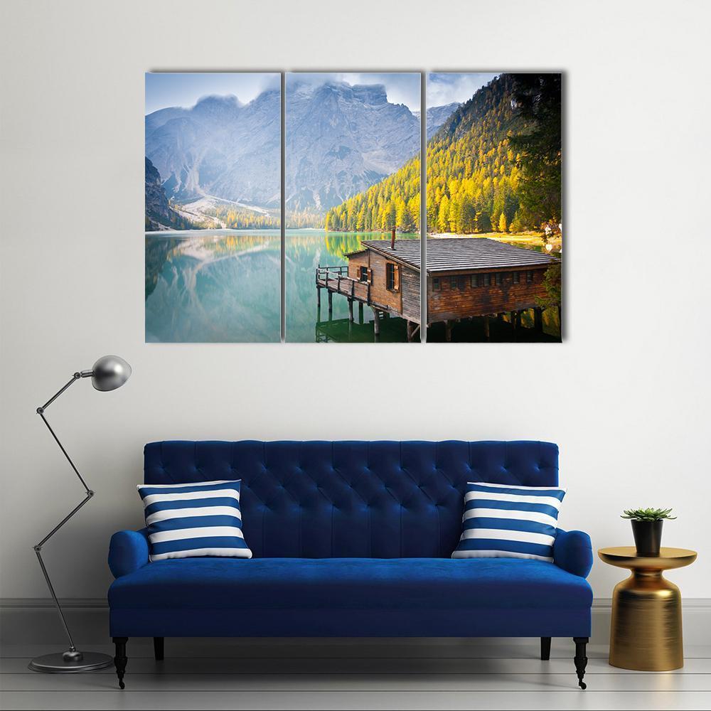 Hut On Braies Lake Canvas Wall Art-3 Horizontal-Gallery Wrap-37" x 24"-Tiaracle