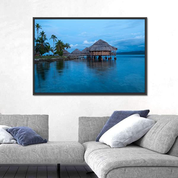 Huts In Blue Water Canvas Wall Art-1 Piece-Floating Frame-24" x 16"-Tiaracle