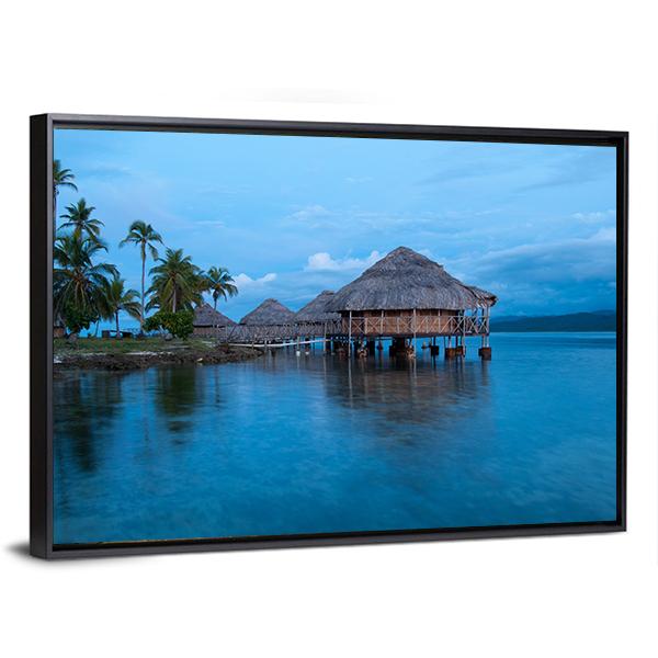 Huts In Blue Water Canvas Wall Art-3 Horizontal-Gallery Wrap-25" x 16"-Tiaracle