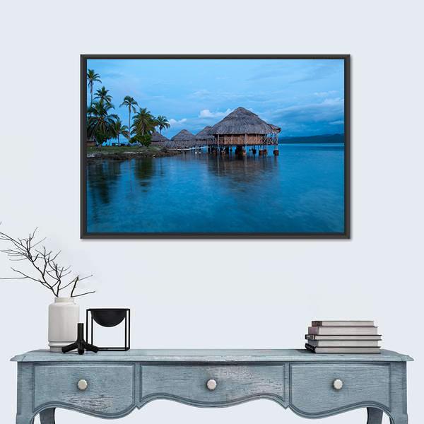 Huts In Blue Water Canvas Wall Art-3 Horizontal-Gallery Wrap-25" x 16"-Tiaracle