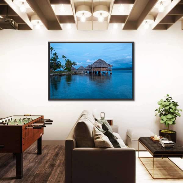 Huts In Blue Water Canvas Wall Art-3 Horizontal-Gallery Wrap-25" x 16"-Tiaracle