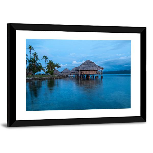 Huts In Blue Water Canvas Wall Art-3 Horizontal-Gallery Wrap-25" x 16"-Tiaracle