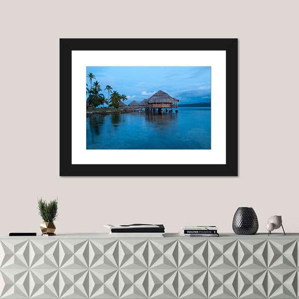 Huts In Blue Water Canvas Wall Art-3 Horizontal-Gallery Wrap-25" x 16"-Tiaracle