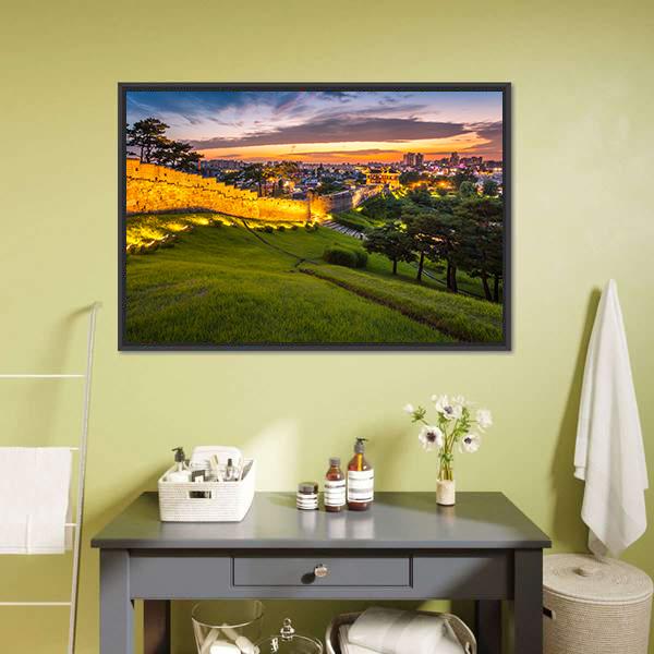 Hwaseong Fortress At Sunset Canvas Wall Art-1 Piece-Floating Frame-24" x 16"-Tiaracle