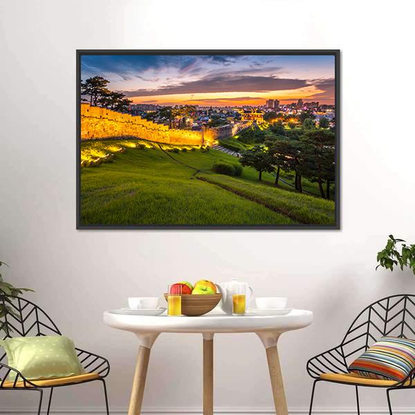 Hwaseong Fortress At Sunset Canvas Wall Art-3 Horizontal-Gallery Wrap-25" x 16"-Tiaracle