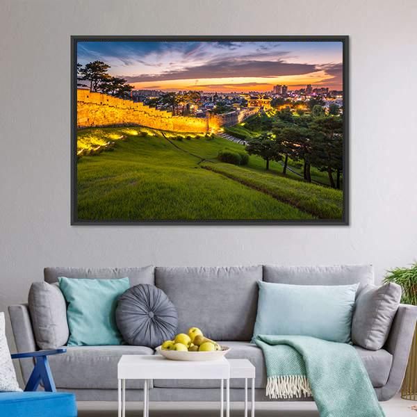 Hwaseong Fortress At Sunset Canvas Wall Art-3 Horizontal-Gallery Wrap-25" x 16"-Tiaracle