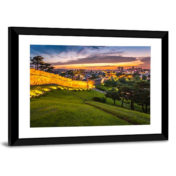 Hwaseong Fortress At Sunset Canvas Wall Art-3 Horizontal-Gallery Wrap-25" x 16"-Tiaracle