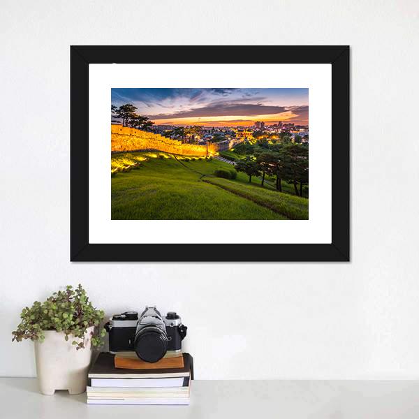 Hwaseong Fortress At Sunset Canvas Wall Art-1 Piece-Framed Print-20" x 16"-Tiaracle