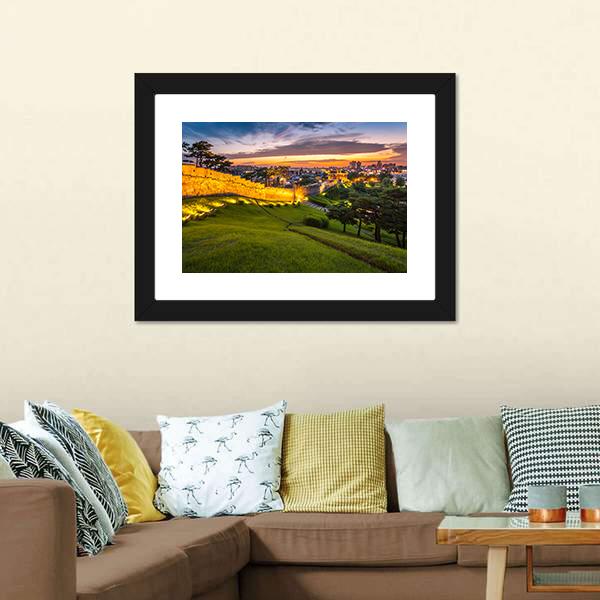 Hwaseong Fortress At Sunset Canvas Wall Art-3 Horizontal-Gallery Wrap-25" x 16"-Tiaracle