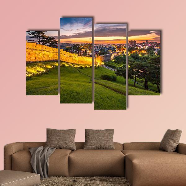 Hwaseong Fortress At Sunset Canvas Wall Art-4 Pop-Gallery Wrap-50" x 32"-Tiaracle