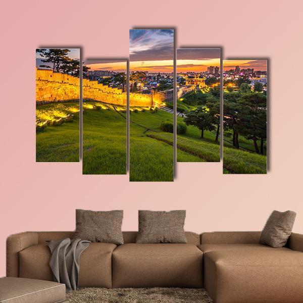 Hwaseong Fortress At Sunset Canvas Wall Art-5 Pop-Gallery Wrap-47" x 32"-Tiaracle