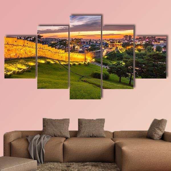 Hwaseong Fortress At Sunset Canvas Wall Art-5 Star-Gallery Wrap-62" x 32"-Tiaracle