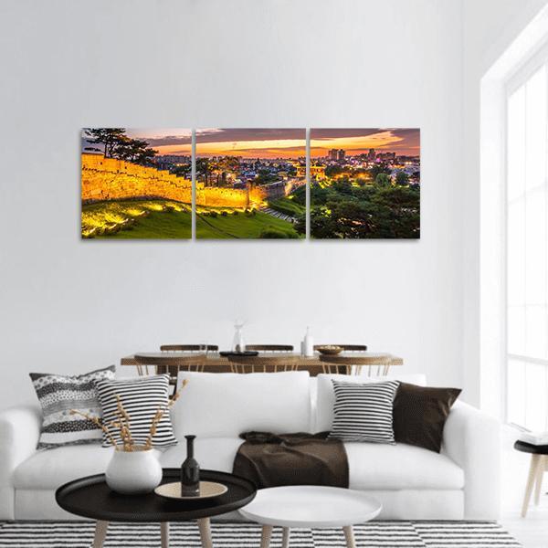 Hwaseong Fortress In Sunset Panoramic Canvas Wall Art-3 Piece-25" x 08"-Tiaracle