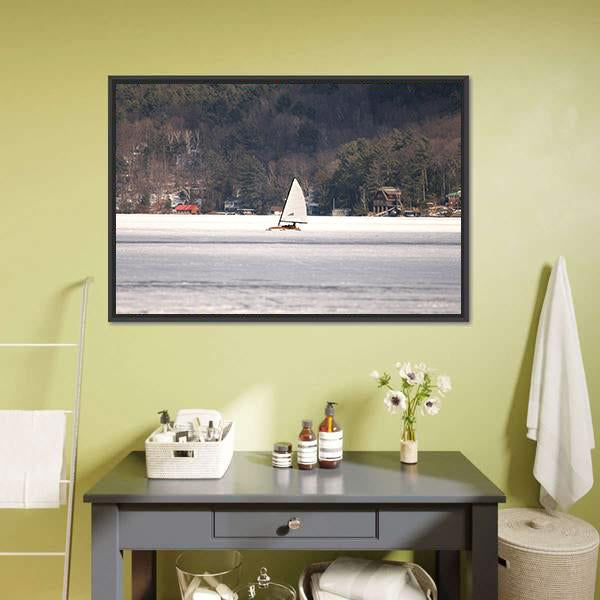 Ice Boat Racing On Lake George Canvas Wall Art-1 Piece-Floating Frame-24" x 16"-Tiaracle