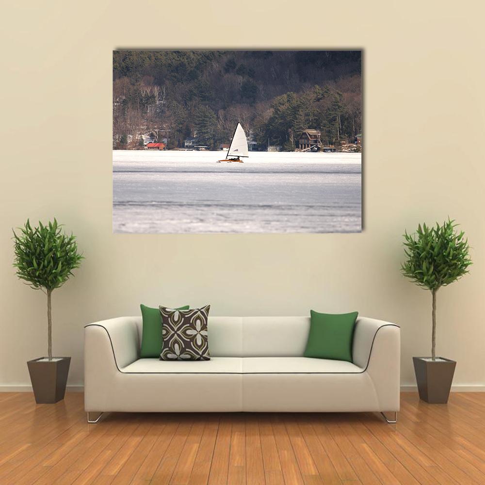 Iceboat Racing on Lake George Canvas Wall Art in white, gray and brown, single panel hung on a wall