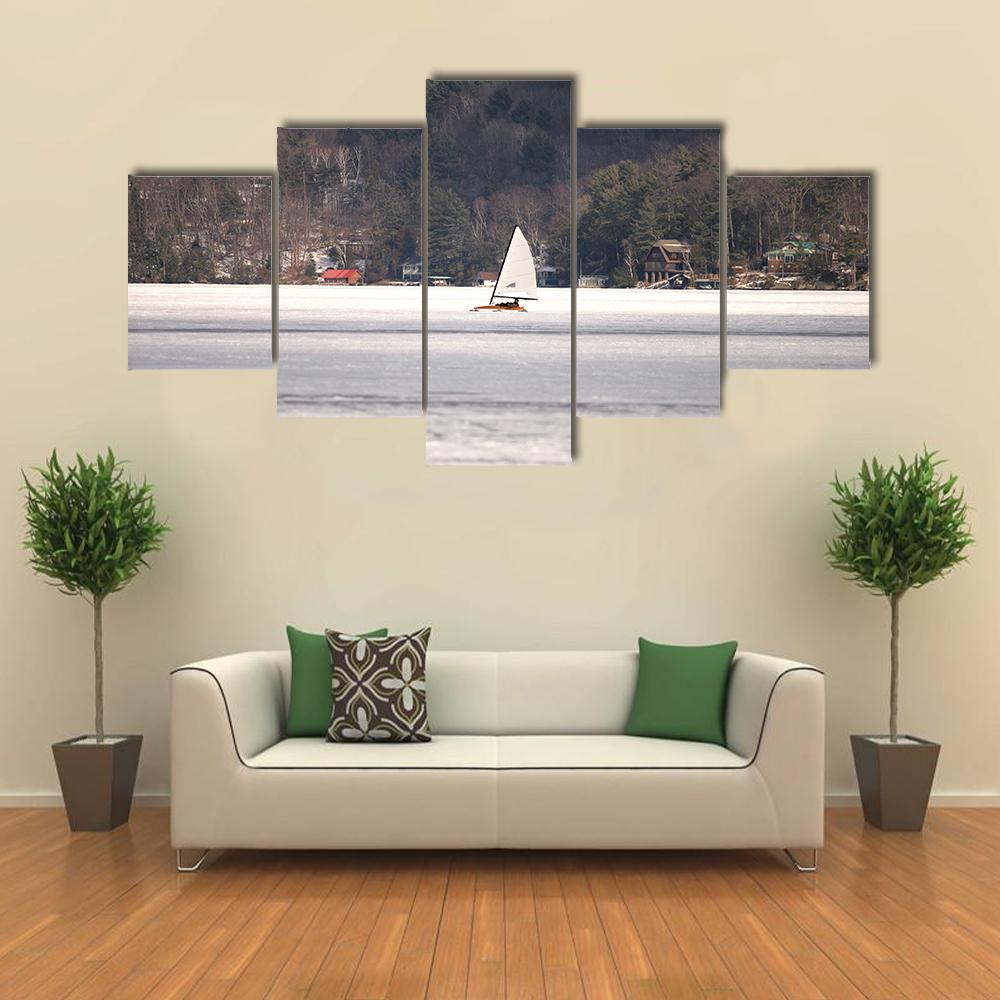 Ice Boat Racing On Lake George Canvas Wall Art-5 Star-Gallery Wrap-42" x 21"-Tiaracle