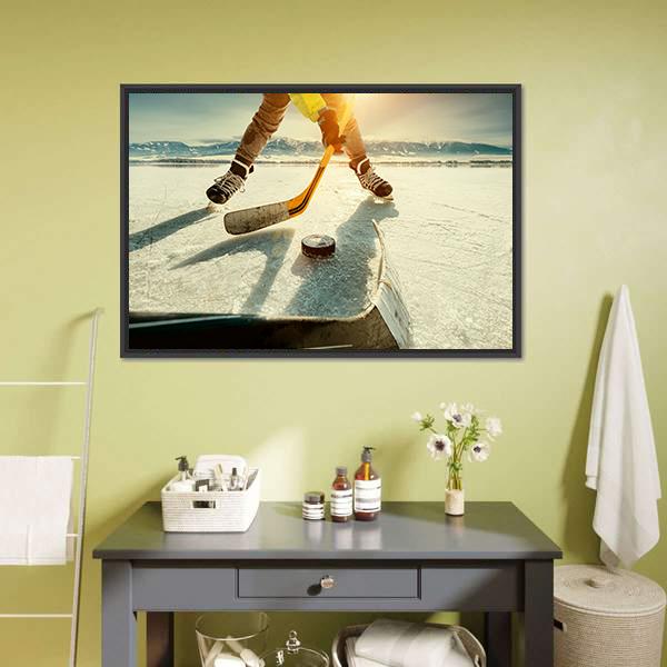Ice Hockey Game Moment Canvas Wall Art in white, yellow and blue, framed canvas, product view on a white background