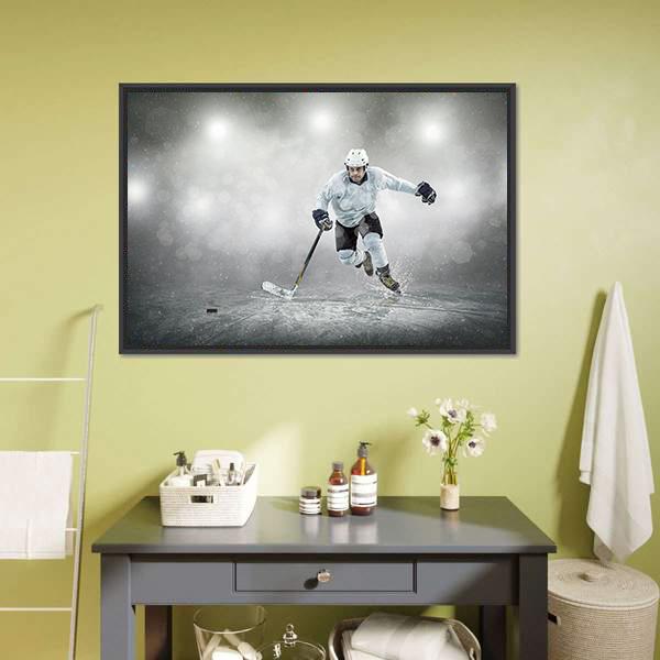 Ice Hockey Player In Action Canvas Wall Art-1 Piece-Floating Frame-24" x 16"-Tiaracle