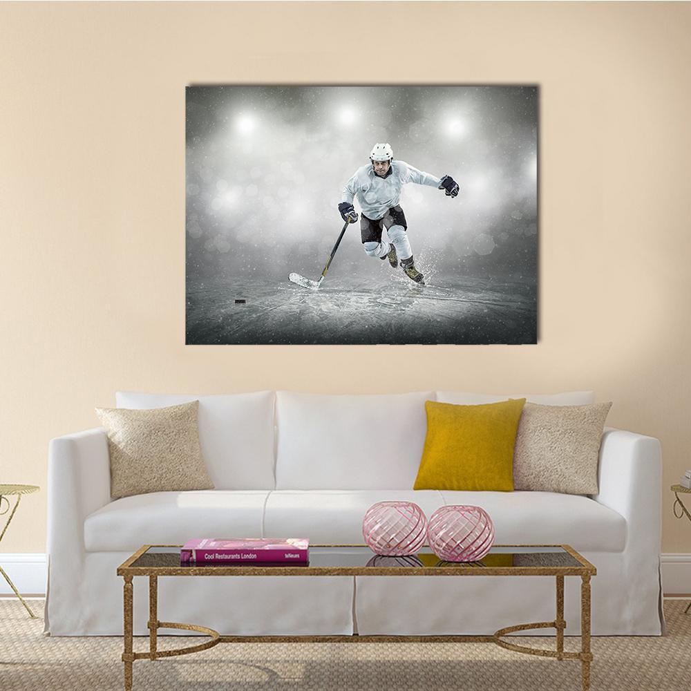 Ice Hockey Player in Action Canvas Wall Art in black, white and gray, single panel hung on a wall