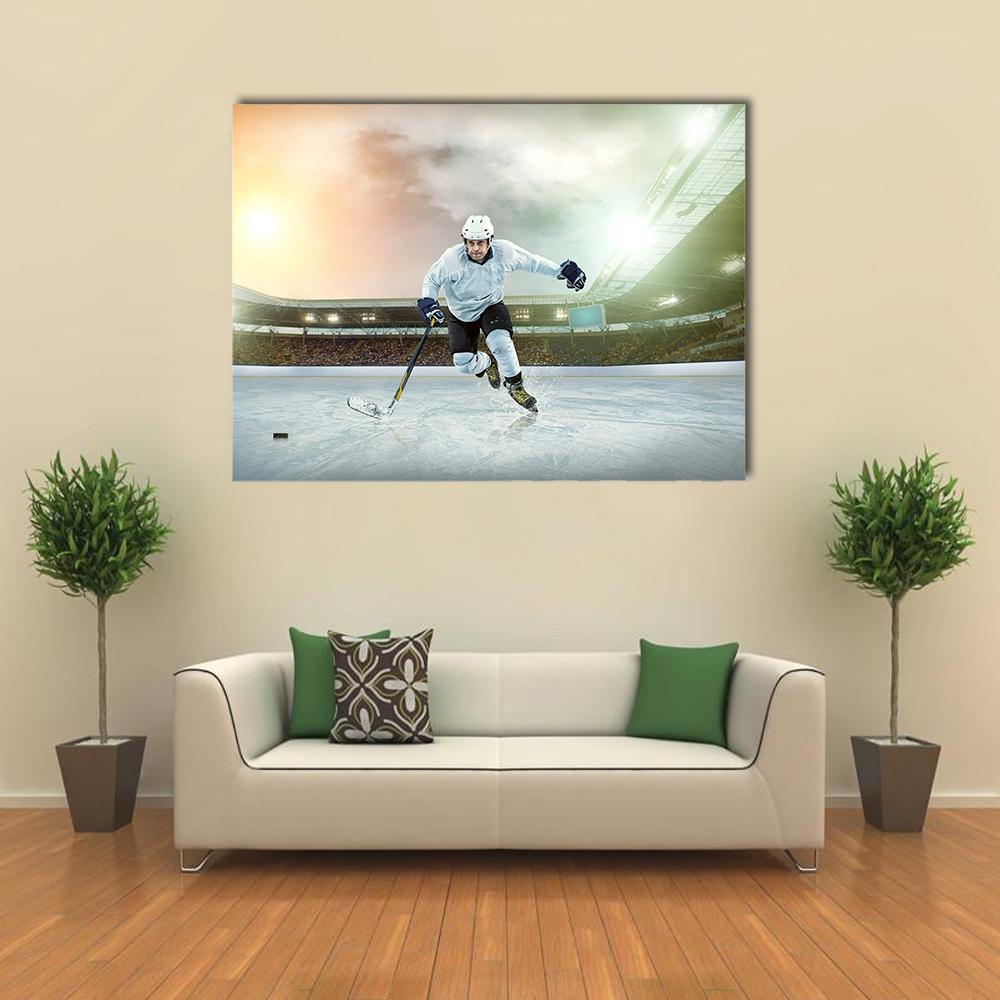 Ice Hockey Player in Action Canvas Wall Art in white, gray and blue, single panel hung on a wall