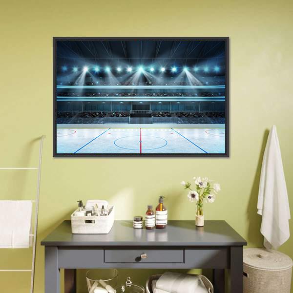Empty Ice Hockey Arena with Stadium Lights Canvas Wall Art in black, white and blue, framed canvas, product view on a white background
