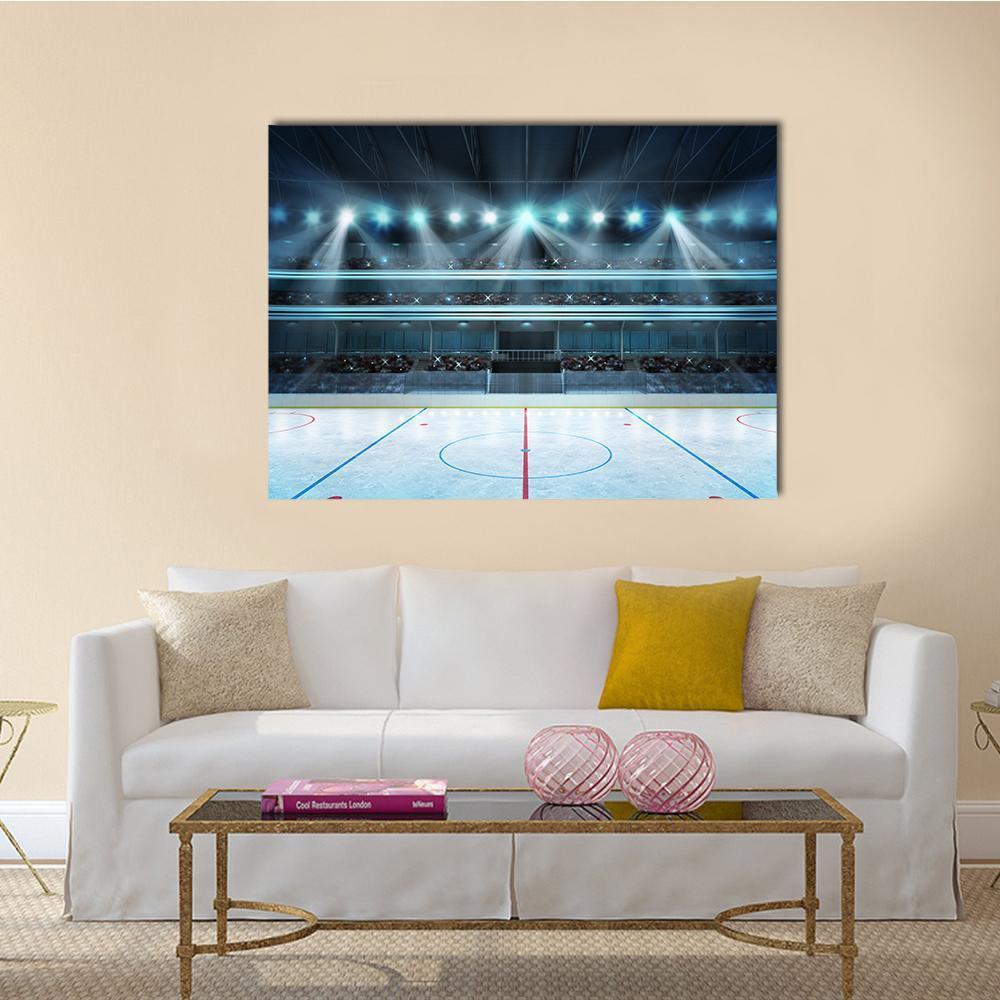 Empty Ice Hockey Arena with Stadium Lights Canvas Wall Art in black, white and blue, single panel hung on a wall