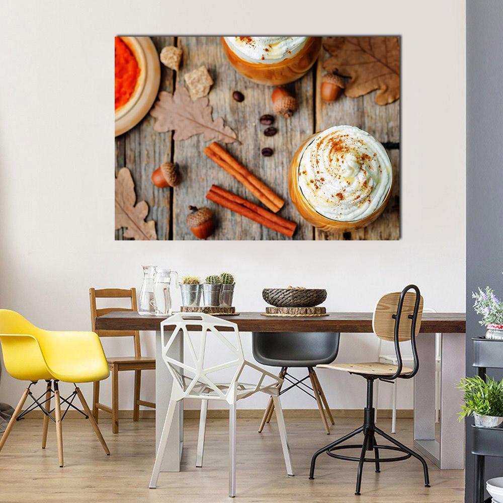 Ice Honey Pumpkin Spice Latte Canvas Wall Art in beige, brown and orange, single panel hung on a wall