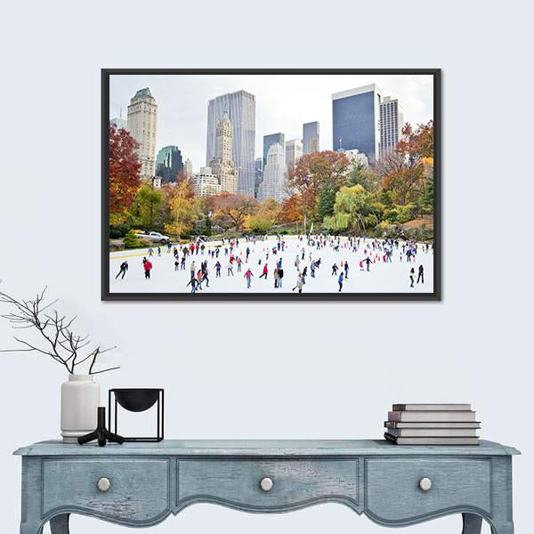 Ice Skaters Having Fun NY Canvas Wall Art-1 Piece-Floating Frame-24" x 16"-Tiaracle