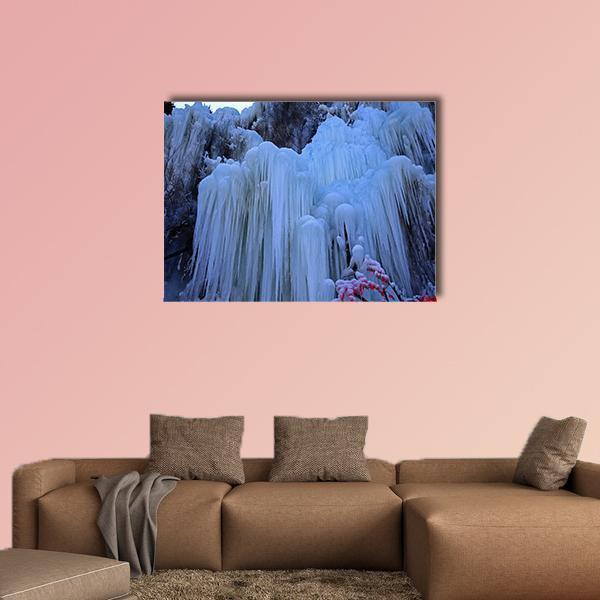 Ice waterfall In Winter Canvas Wall Art-1 Piece-Gallery Wrap-48" x 32"-Tiaracle