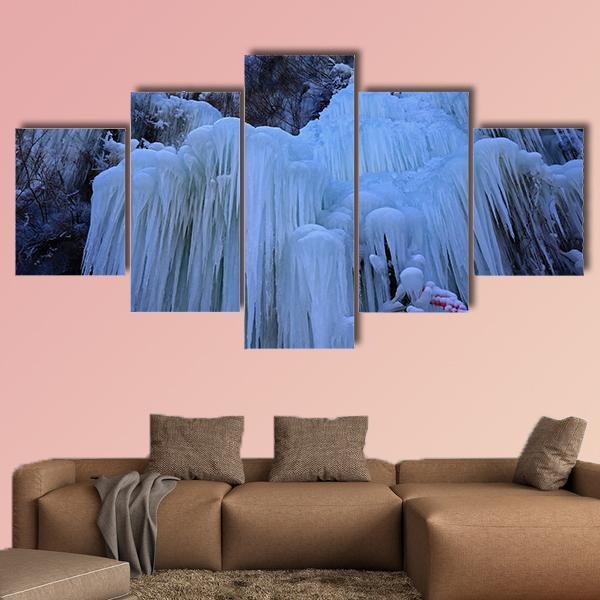 Ice waterfall In Winter Canvas Wall Art-5 Star-Gallery Wrap-62" x 32"-Tiaracle