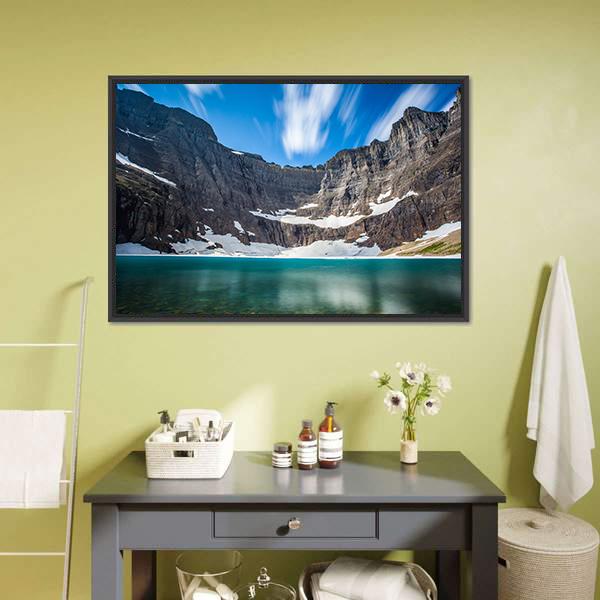 Iceberg Lake with Snow-capped Peaks Canvas Wall Art in white, gray and blue, framed canvas, product view on a white background
