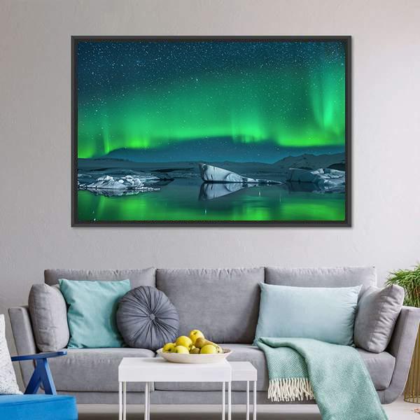 Icebergs Under Northern Lights Canvas Wall Art in green, blue and navy, framed canvas, product view on a white background