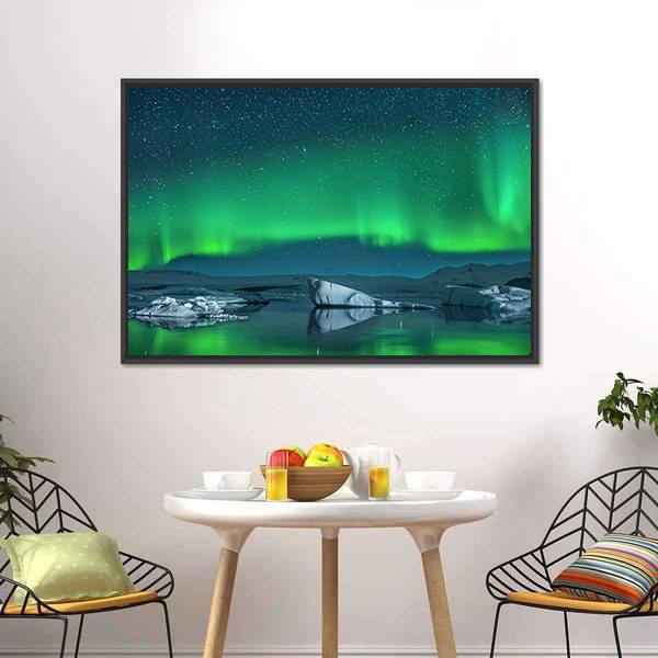 Icebergs Under Northern Lights Canvas Wall Art-3 Horizontal-Gallery Wrap-25" x 16"-Tiaracle