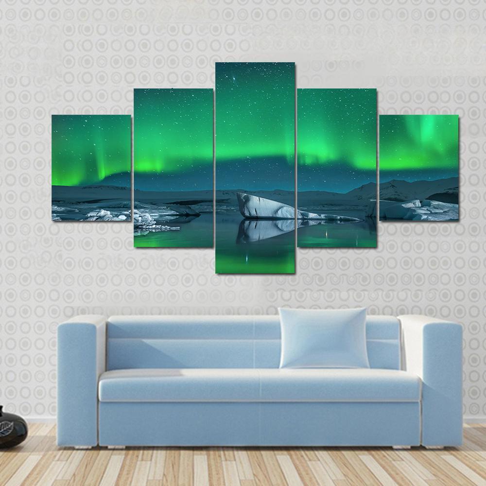 Icebergs Under Northern Lights Canvas Wall Art-5 Star-Gallery Wrap-62" x 32"-Tiaracle