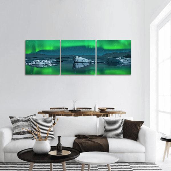 Icebergs Under Northern Lights Panoramic Canvas Wall Art-3 Piece-25" x 08"-Tiaracle