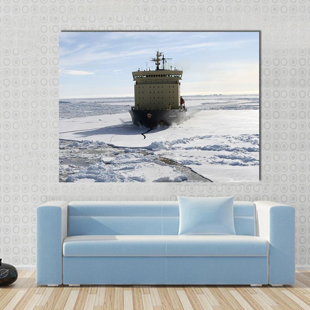Icebreaker in Antarctica Canvas Wall Art in white, gray and blue, single panel hung on a wall