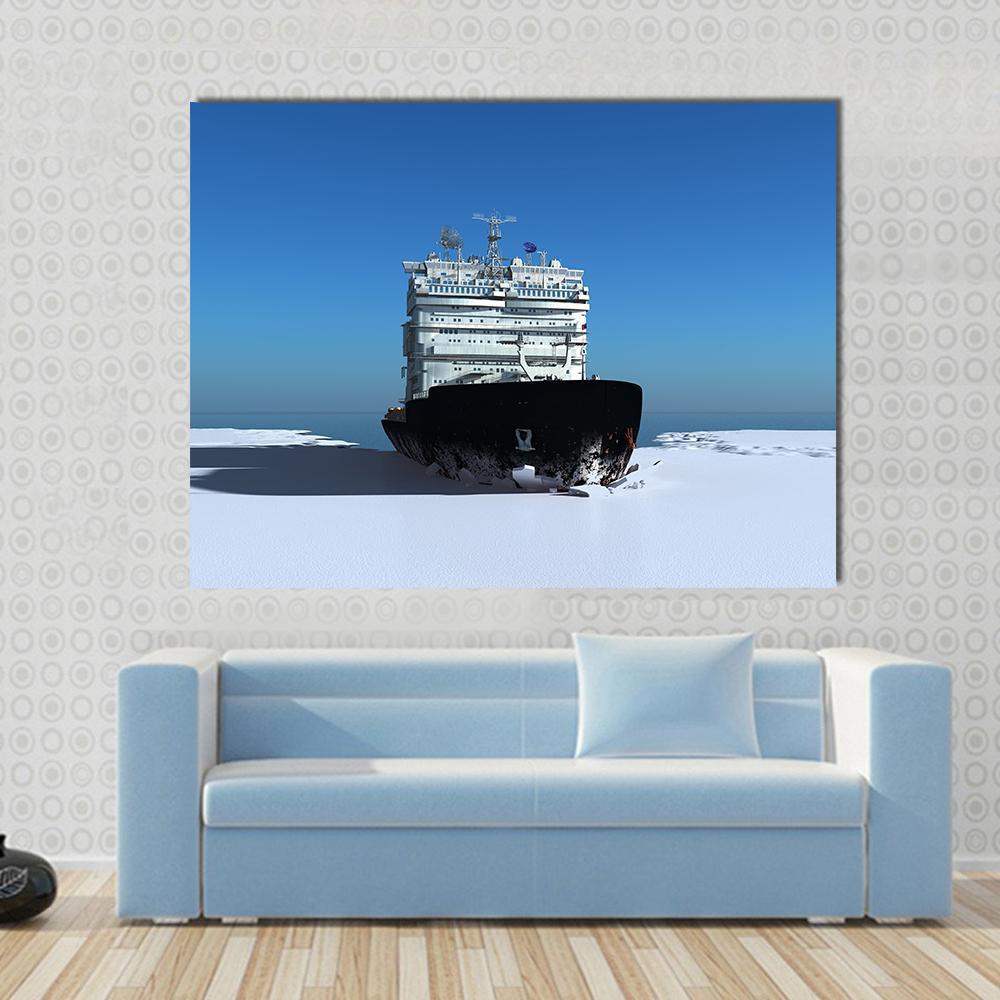 Icebreaker Ship on the Ice Canvas Wall Art in black, white and blue, single panel hung on a wall