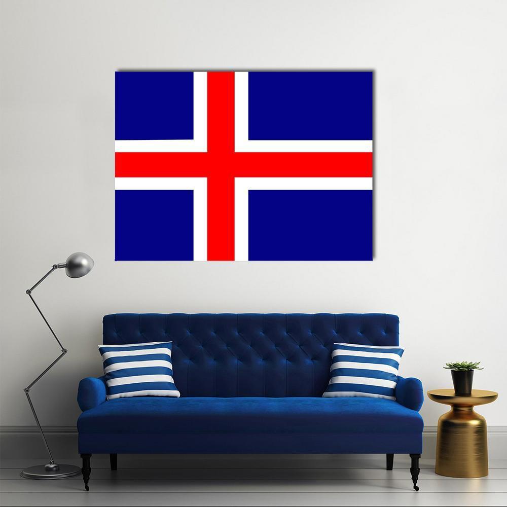Icelandic Flag with Offset Nordic Cross Canvas Wall Art in white, red and blue, single panel hung on a wall