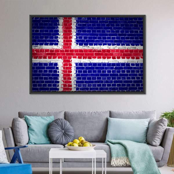 Iceland Flag On Brick Wall Canvas Wall Art-3 Horizontal-Gallery Wrap-25" x 16"-Tiaracle