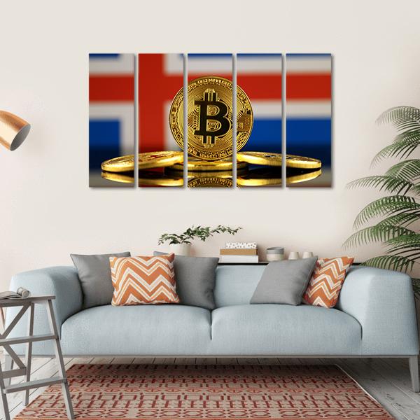 Iceland Flag With Bitcoins Canvas Wall Art-5 Horizontal-Gallery Wrap-22" x 12"-Tiaracle