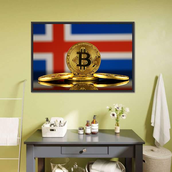 Iceland Flag With Bitcoins Canvas Wall Art-1 Piece-Floating Frame-24" x 16"-Tiaracle